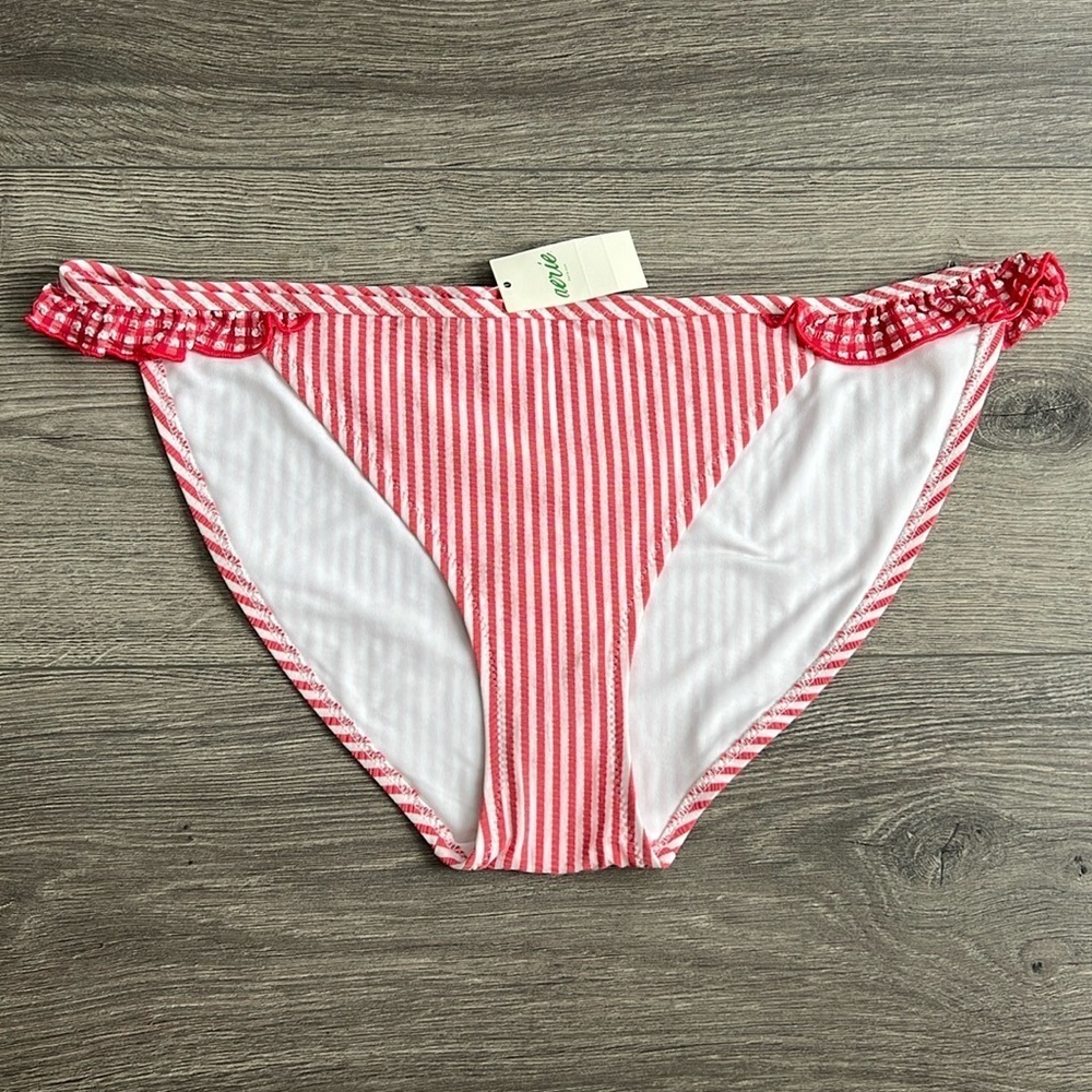NWT AERIE Bikini Bottom Size Small Red & White Striped Gingham Ruffle Trim